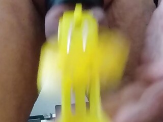 Without a penis and without testicles rings and yellow clamps on the scrotum