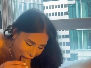 Busty tranny fucks her date with a great view